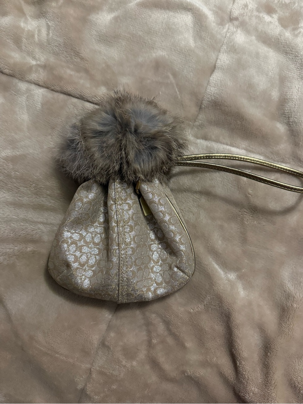 Coach Metallic Gold Drawstring Wristlet with Fur Pom-Pom Accent